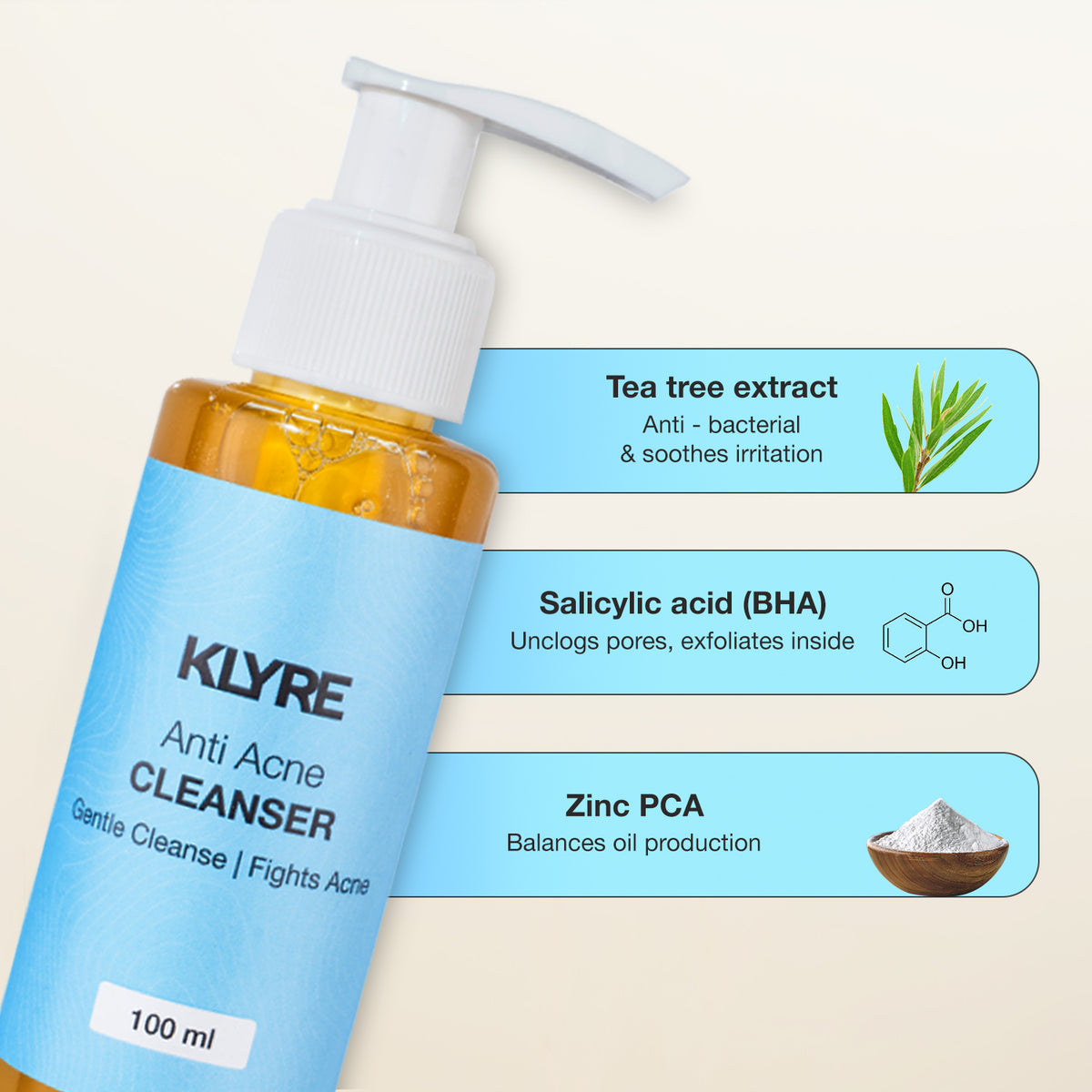 KLYRE Anti Acne Cleanser bottle with ingredients displayed on a beige background