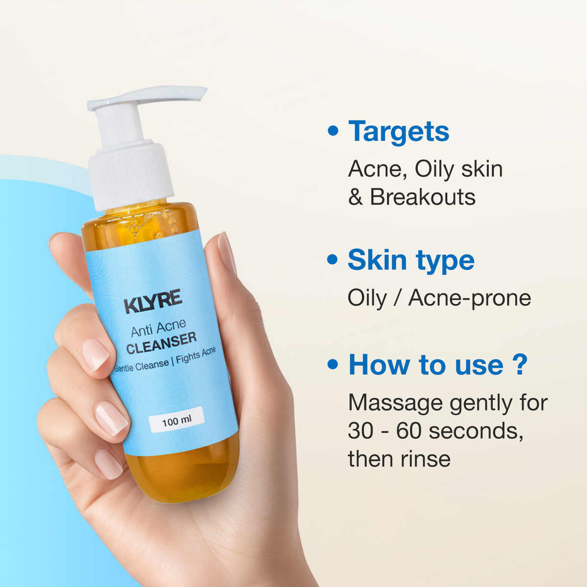 KLYRE Anti Acne Cleanser bottle held in a hand with product details on a light background