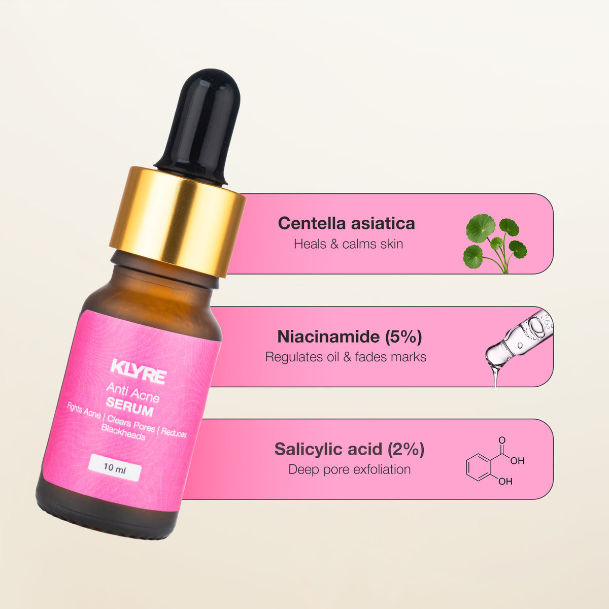 KLYRE anti-acne serum bottle with dropper on a beige background