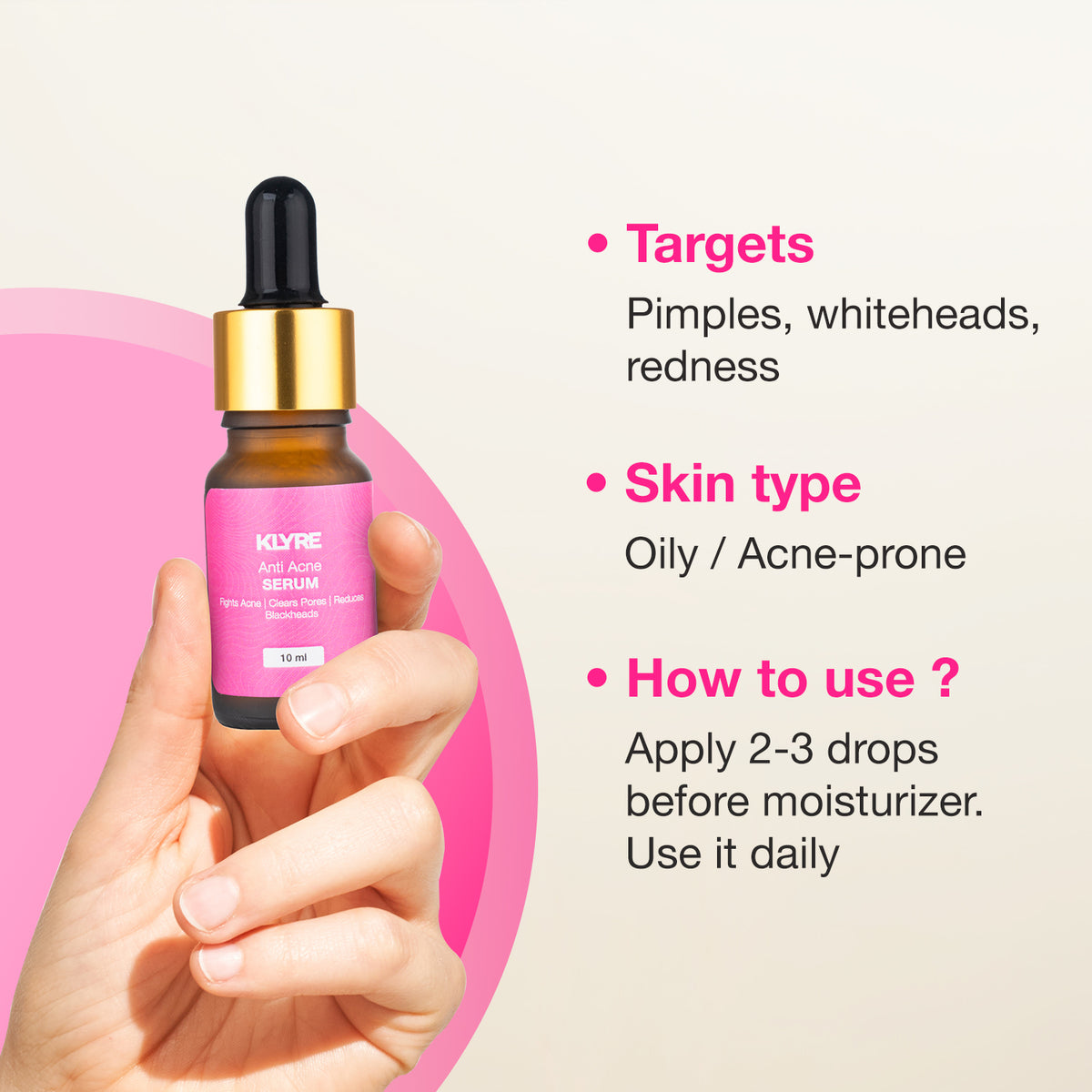 Hand holding a Klyre serum bottle with product details on a pink and beige background