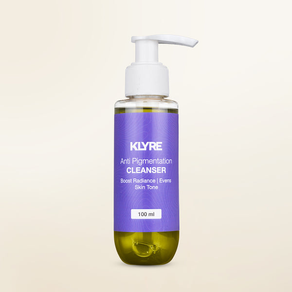 KLYRE anti-pigmentation cleanser bottle on a beige background