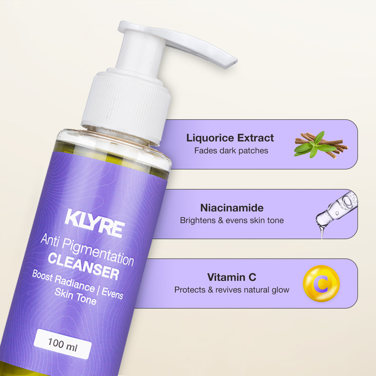 KLYRE anti-pigmentation cleanser bottle with ingredients listed on a light beige background