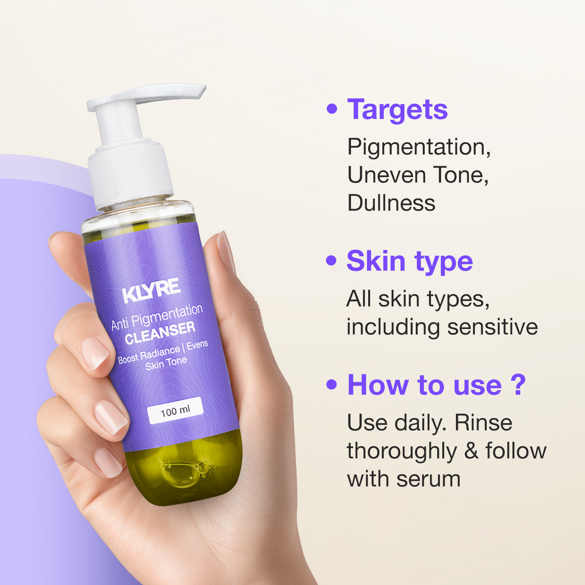 KLYRE Anti-Pigmentation Cleanser bottle held by a hand with product details on a light background