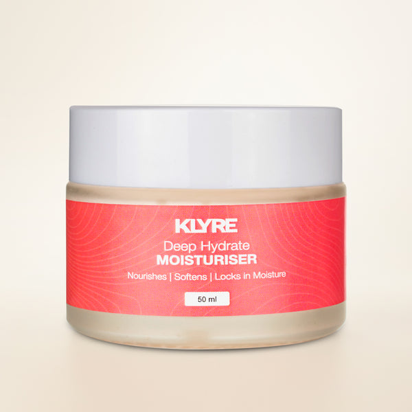 KLYRE deep hydrate moisturizer jar on a beige background