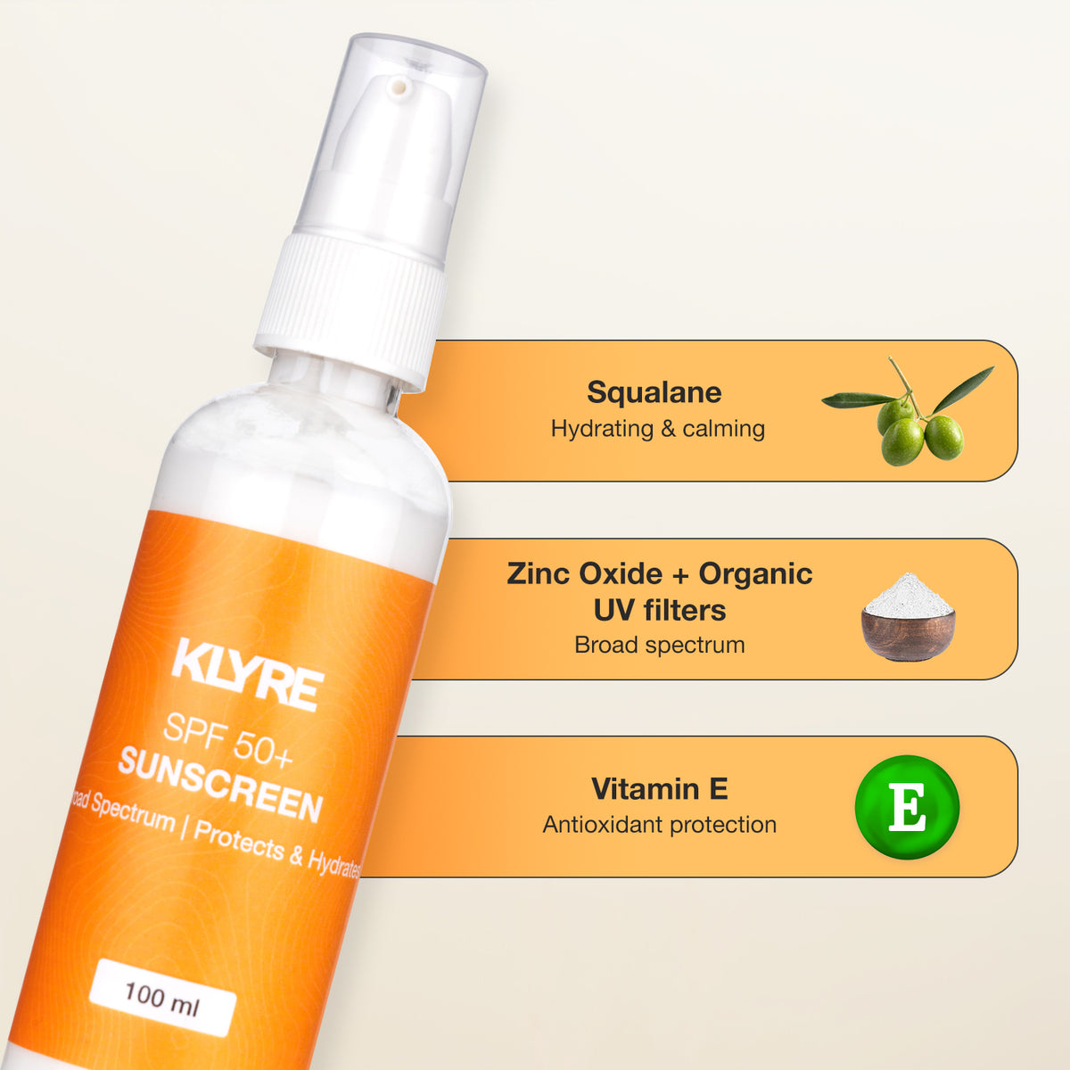 KLYRE sunscreen spray bottle with ingredients listed on a beige background