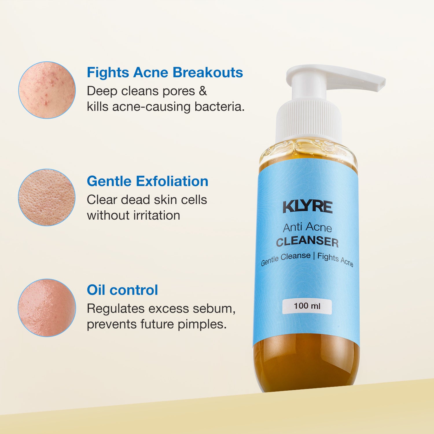 KLYRE Anti Acne Cleanser bottle with benefits listed on a white background