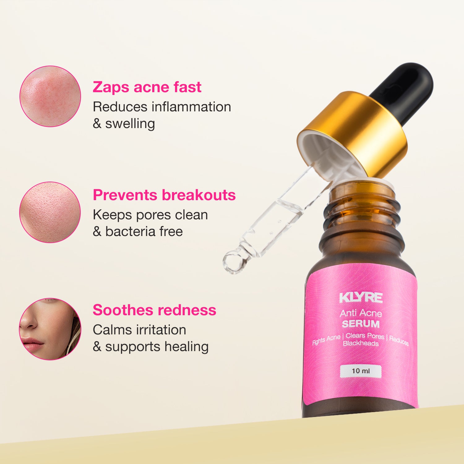 KLYRE Anti-Acne Serum bottle with dropper on a light pink background