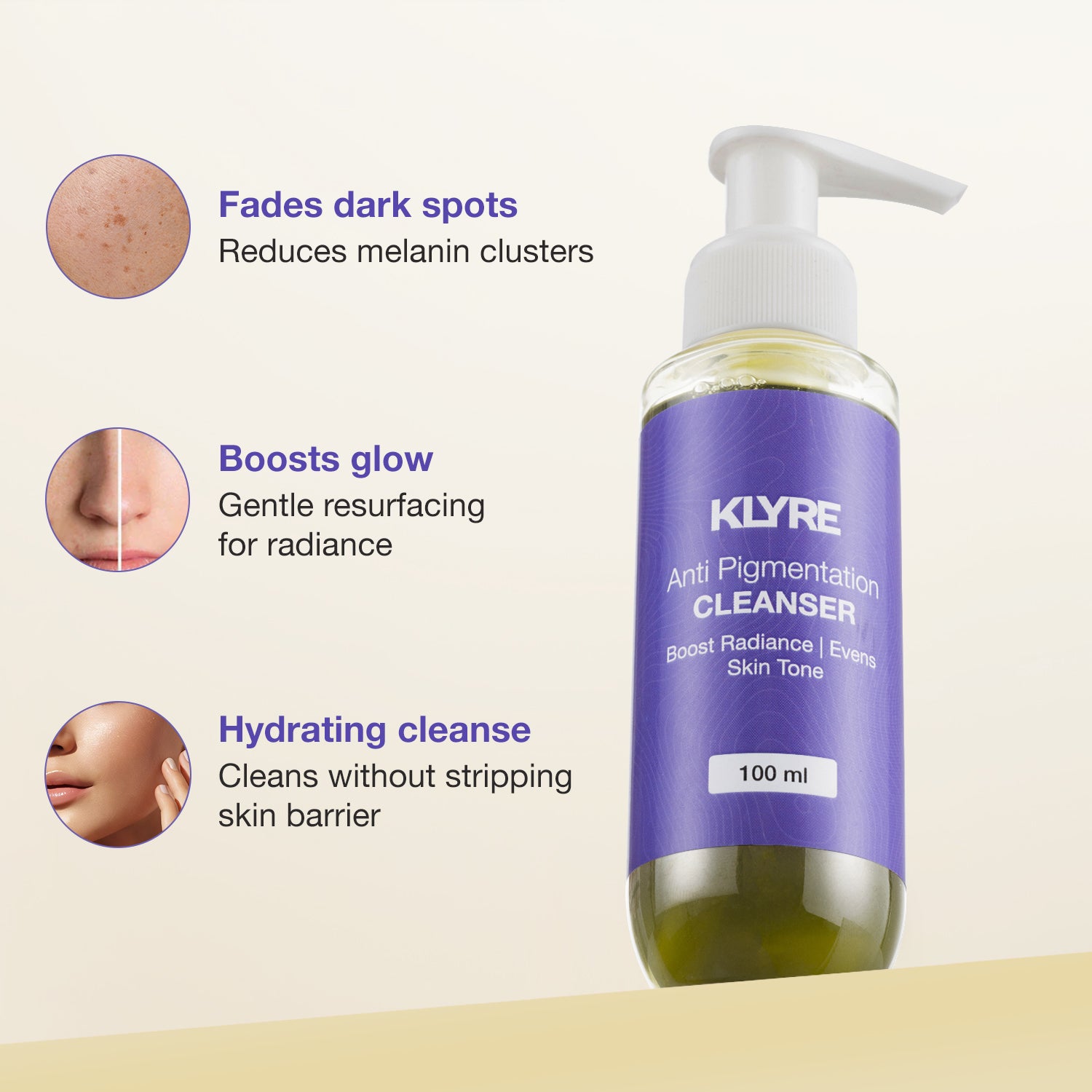 KLYRE Anti Pigmentation Cleanser bottle with benefits on a beige background