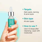Klyre anti-pigmentation serum bottle held in a hand with product details on a light background