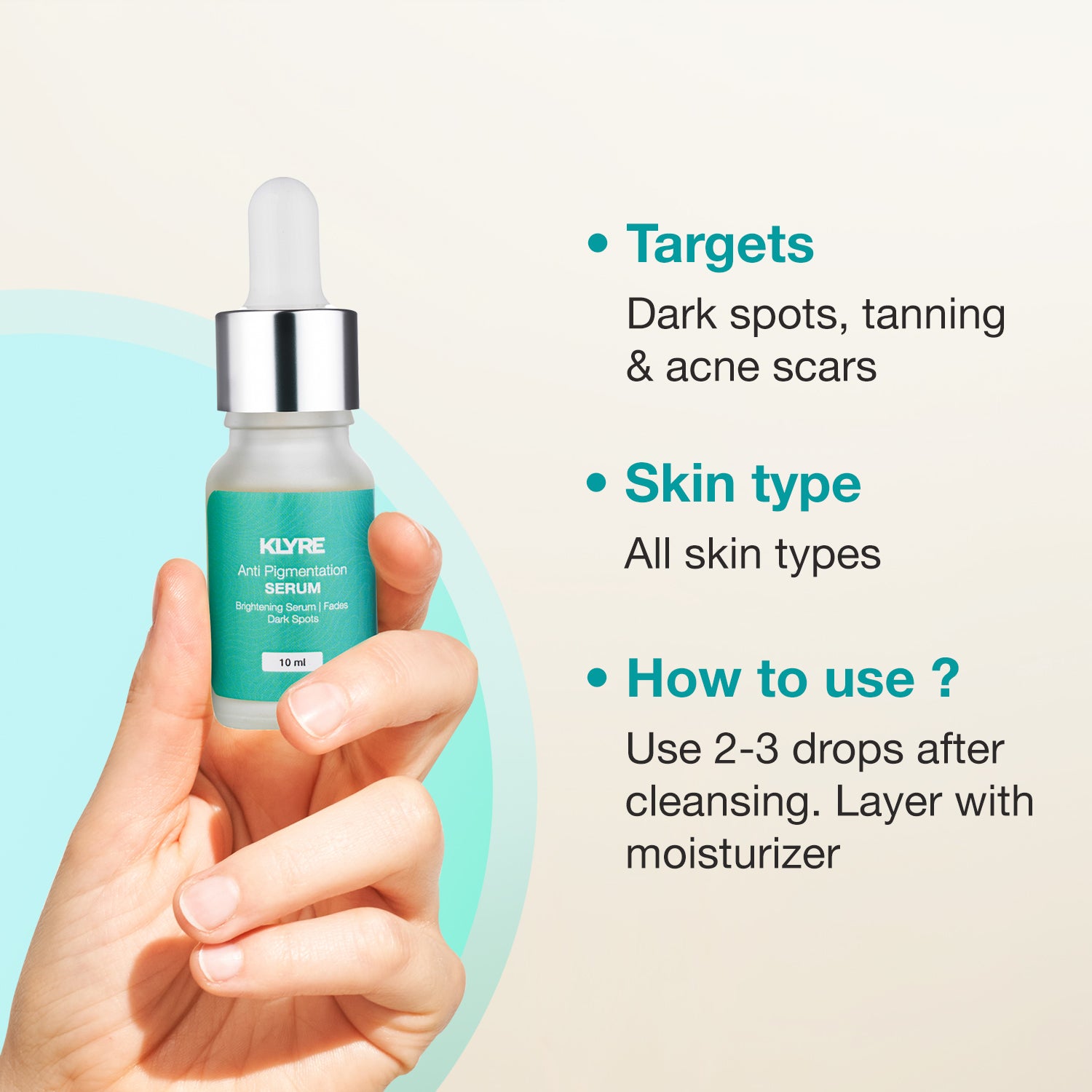 Klyre anti-pigmentation serum bottle held in a hand with product details on a light background