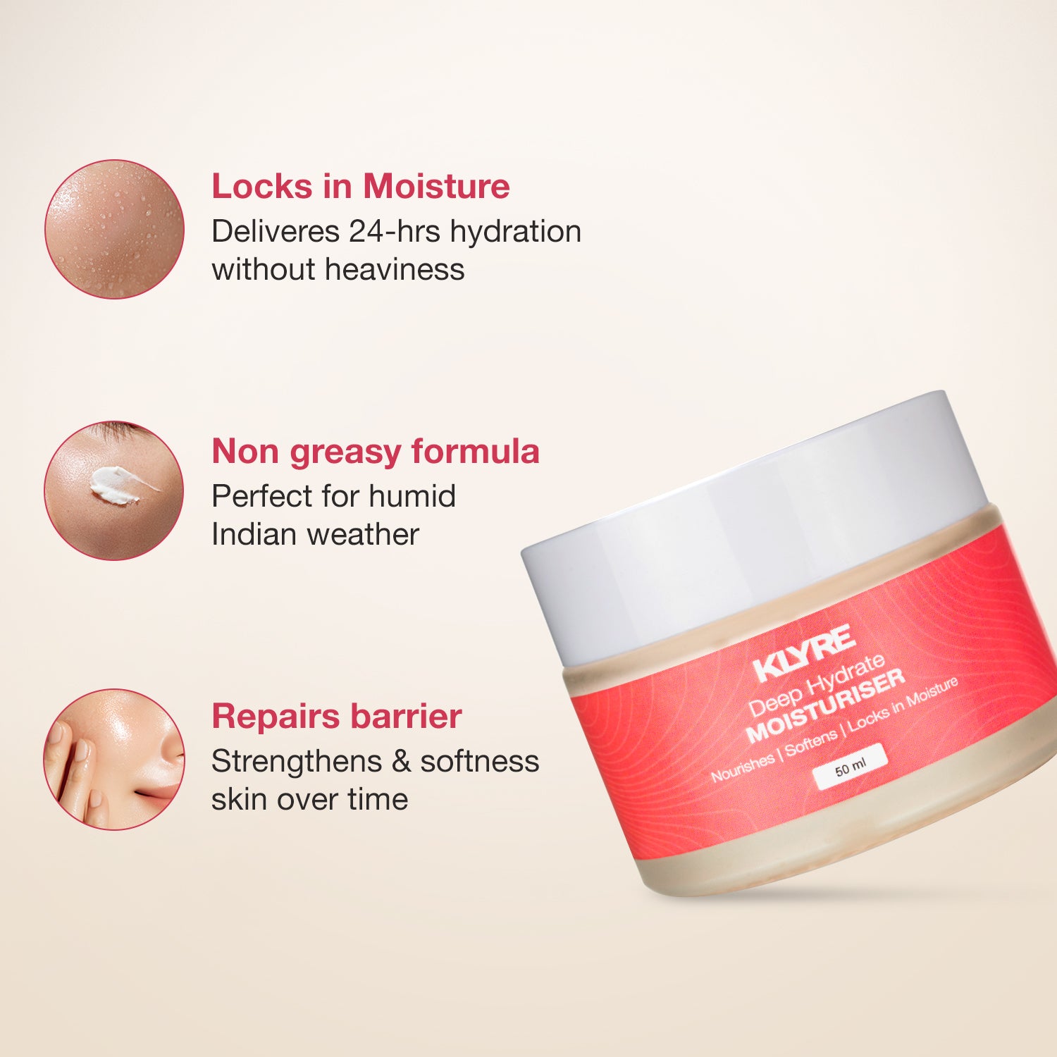 KLYRE Deep Hydrate Moisturizer jar with benefits on a beige background