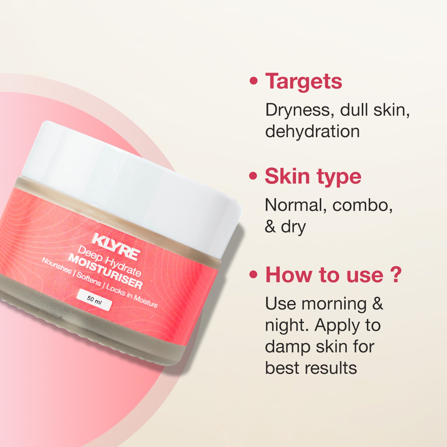 KLYRE moisturizer jar with product details on a light pink background