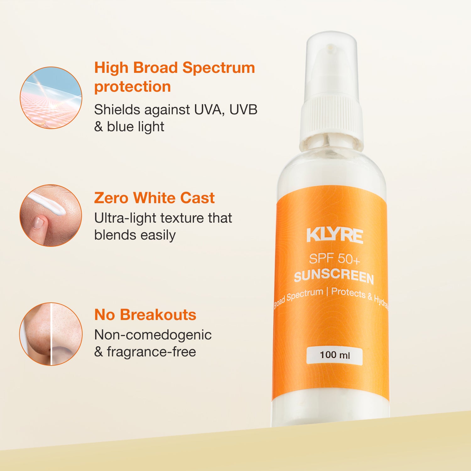 KLYRE sunscreen bottle with features listed on a beige background