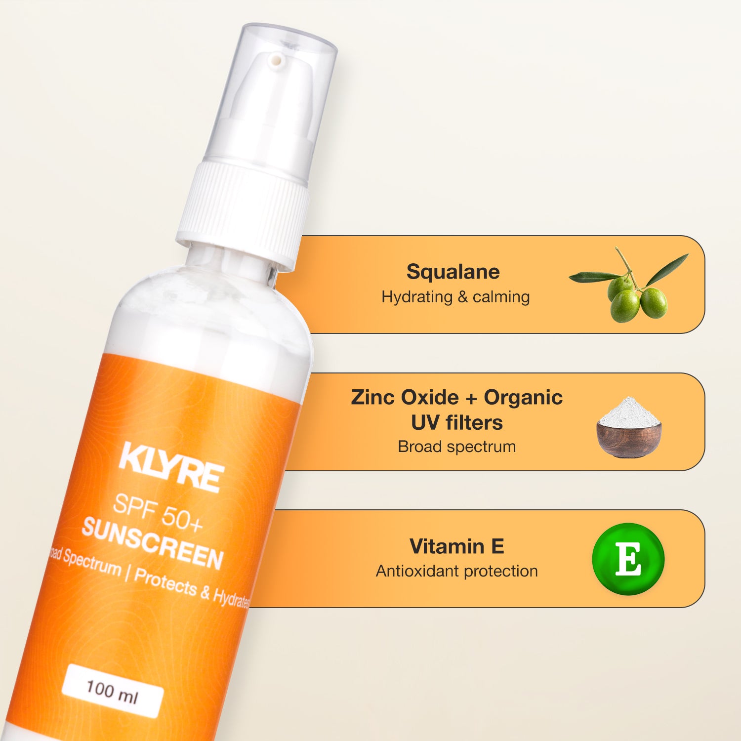 KLYRE sunscreen spray bottle with ingredients listed on a beige background